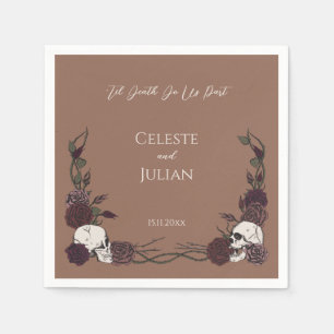 Dark Tan Brown Til Death Skulls & Roses Wedding Napkin