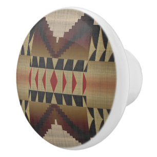 Dark Tan Taupe Brown Red Black Tribal Art Ceramic Knob