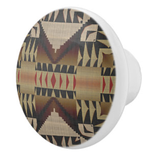Dark Tan Taupe Brown Red Black Tribal Art Ceramic Knob