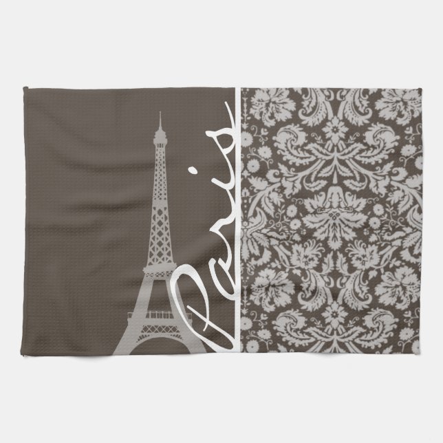 Dark Taupe, Brown Damask; Paris Tea Towel (Horizontal)
