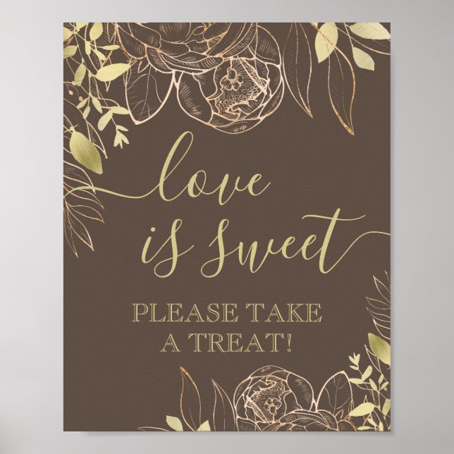 Dark Taupe & Gold Modern Floral Sweet Favour Table Poster (Front)