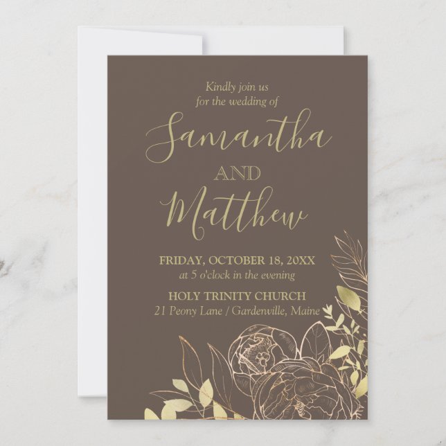 Dark Taupe & Gold Peony Modern Floral Wedding Invitation (Front)