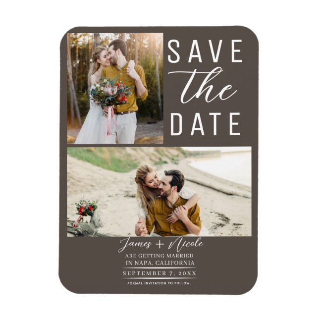 Dark Taupe Modern 2 Photos Save the Date Wedding Magnet (Vertical)