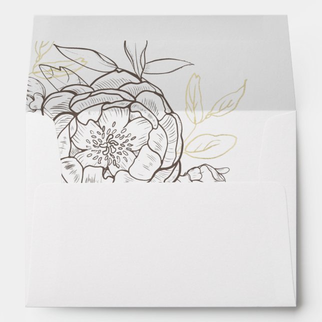 Dark Taupe Peony Floral & Gold Wedding Invitation Envelope (Back (Bottom))