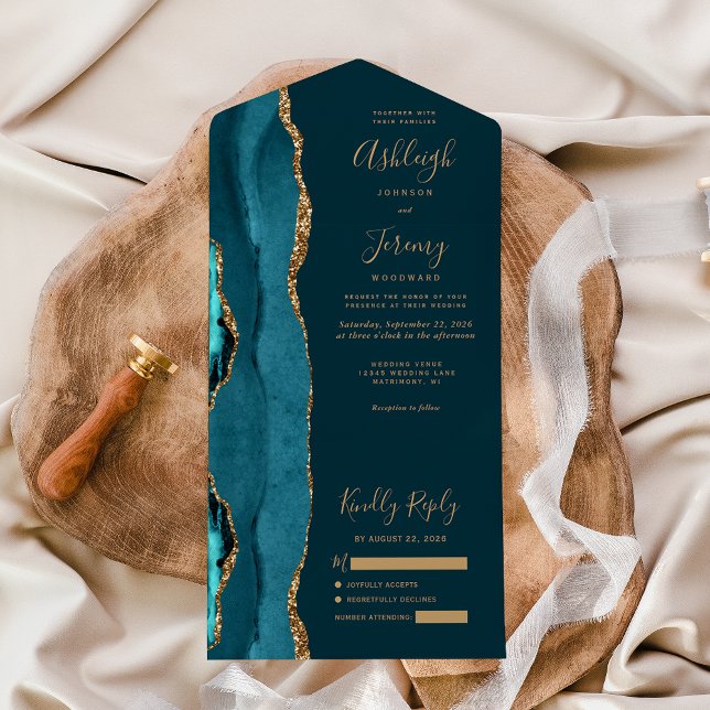 Dark Teal Agate Gold Glitter Wedding All In One Invitation (Creator Uploaded)