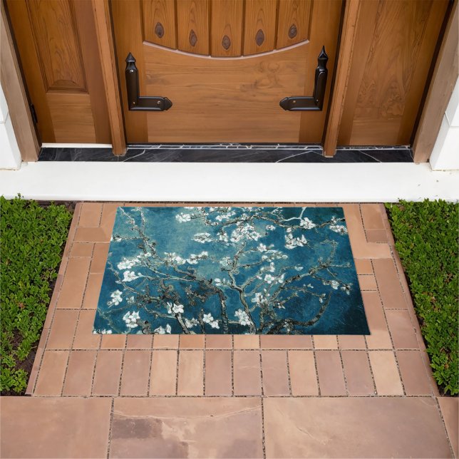 Dark Teal Almond Blossoms by VanGogh Door Mat (Outdoor)
