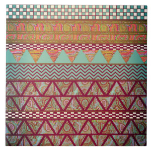 Dark Teal Amber Boho Tribal Stripes Pattern Ceramic Tile