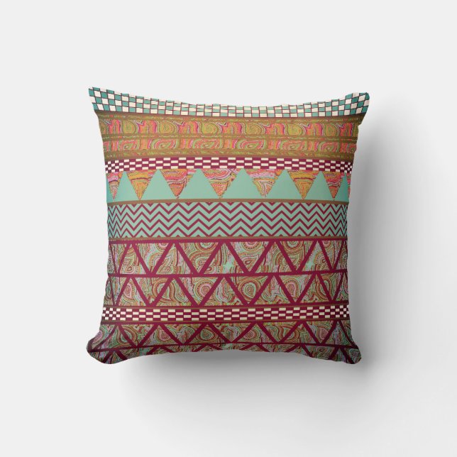 Dark Teal Amber Boho Tribal Stripes Pattern Cushion (Front)