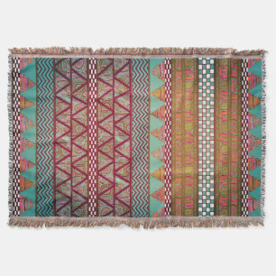 Dark Teal Amber Boho Tribal Stripes Pattern Throw Blanket