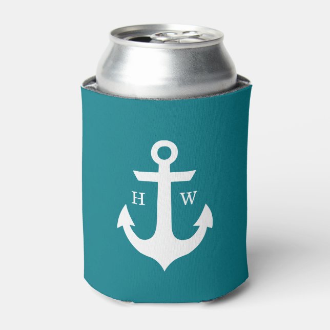 Dark Teal Anchor Monogram Can Cooler (Can Front)