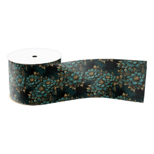 Dark Teal and Antique Gold Luxury Floral Grosgrain Ribbon