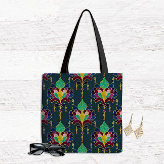 Dark Teal and Gold Art Deco Floral Ornament Tote Bag