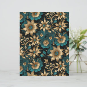 Dark Teal and Gold Metallic Effect Floral Paper