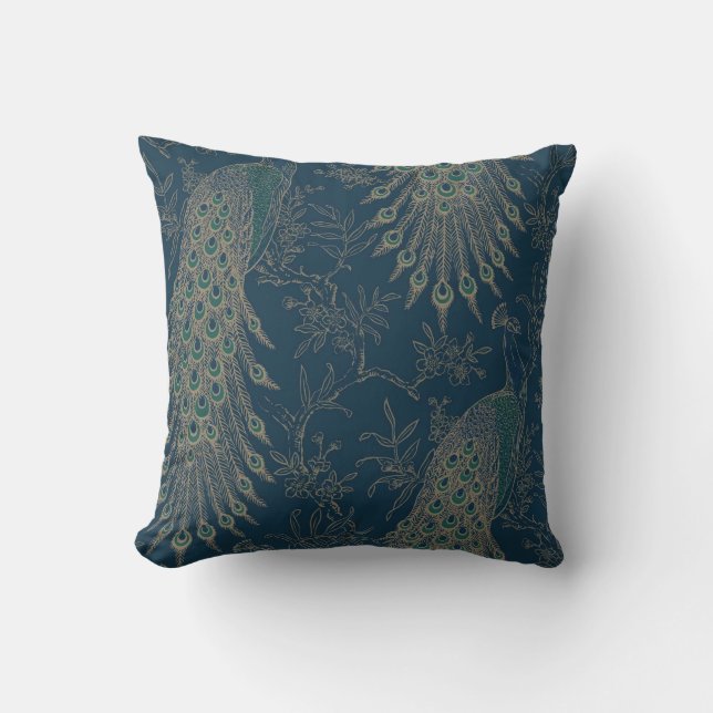 Dark Teal and Gold Victorian style Peacock feather Cushion (Front)