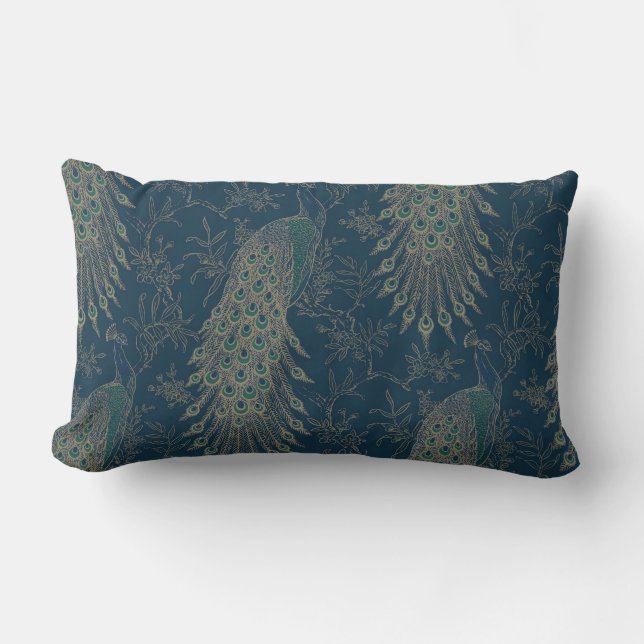 Dark Teal and Gold Victorian style Peacocks Lumbar Cushion (Front)