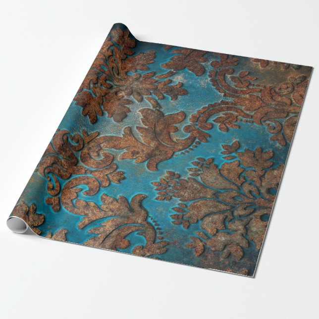 Dark Teal and Rust Damask Wrapping Paper (Unrolled)