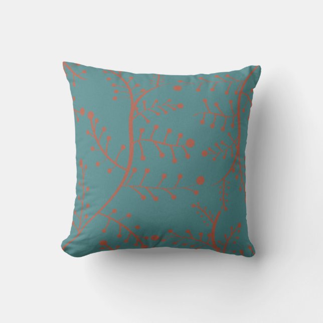 Dark Teal and Salmon Orange Tree Branch Pattern Cushion (Front)
