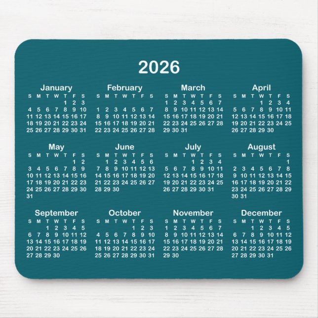 Dark Teal and White 2026 Calendar Mouse Pad (Front)