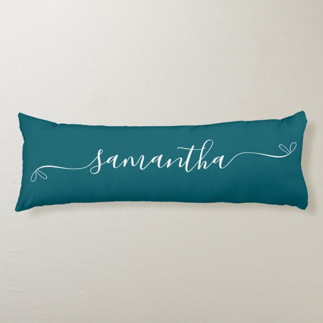 Dark Teal and White Cute Bow Signature Name Body Cushion (Front)