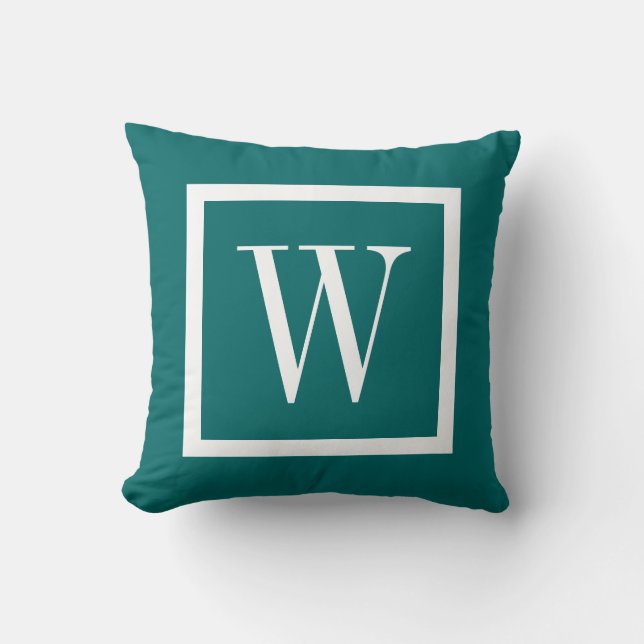 Dark Teal and White Preppy Square Monogram Cushion (Front)