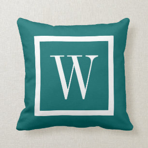 Dark Teal and White Preppy Square Monogram Cushion