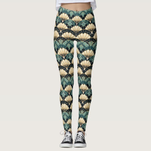 Dark Teal Art Deco Scalloped Fan Patterned Leggings