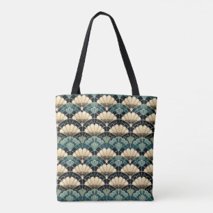 Dark Teal Art Deco Scalloped Fan Patterned Tote Bag