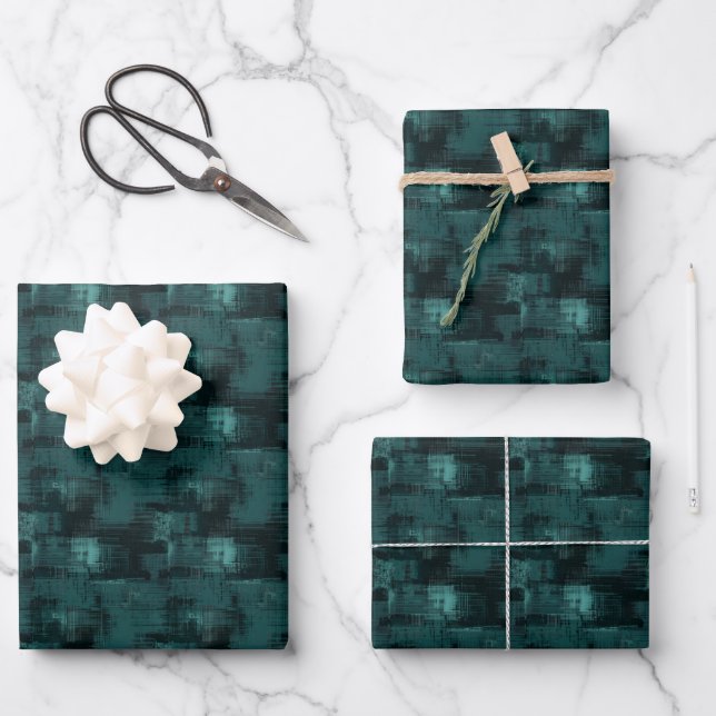 Dark Teal & Black Abstract Paint  Wrapping Paper Sheet (Front)