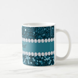 Dark Teal Blue Faux Glitter and Diamonds Coffee Mug