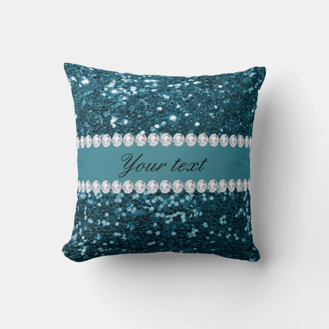 Dark Teal Blue Faux Glitter and Diamonds Cushion (Front)