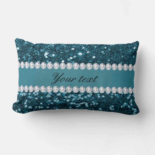 Dark Teal Blue Faux Glitter and Diamonds Lumbar Cushion (Front)