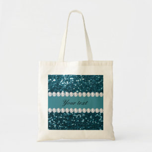 Dark Teal Blue Faux Glitter and Diamonds Tote Bag