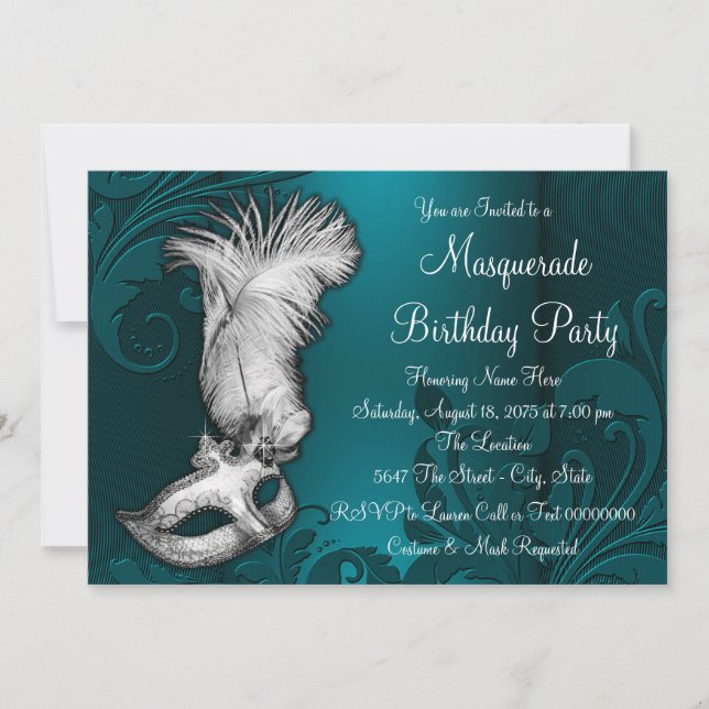 Dark Teal Blue Feather Mask Masquerade Party Invitation (Front)