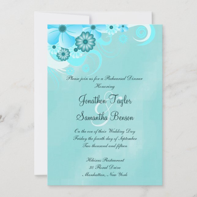 Dark Teal Blue Floral Rehearsal Dinner Invites (Front)
