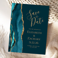 Dark Teal Blue Gold Agate Wedding Save the Date