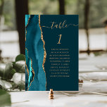 Dark Teal Blue Gold Agate Wedding Table Number<br><div class="desc">The left-hand edge of this elegant modern wedding table number card features a teal watercolor agate border trimmed with faux gold glitter. The word "table" appears in gold-coloured handwriting script on a dark teal background. Add the names of your guests who are assigned to each table.</div>