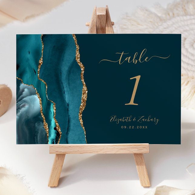 Dark Teal Blue Gold Agate Wedding Table Number (Creator Uploaded)