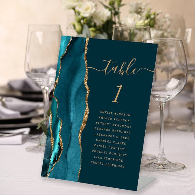 Dark Teal Blue Gold Agate Wedding Table Number Pedestal Sign (Creator Uploaded)