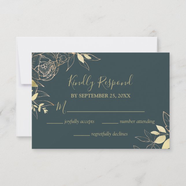 Dark Teal Blue & Gold Peony Floral Wedding RSVP Card (Front)