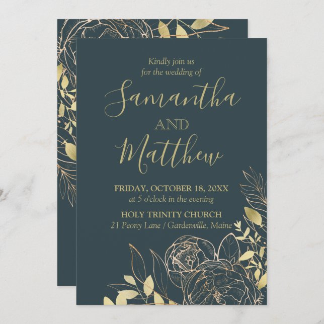Dark Teal Blue & Gold Peony Modern Floral Wedding Invitation (Front/Back)