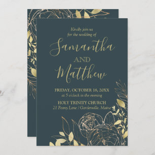 Dark Teal Blue & Gold Peony Modern Floral Wedding Invitation