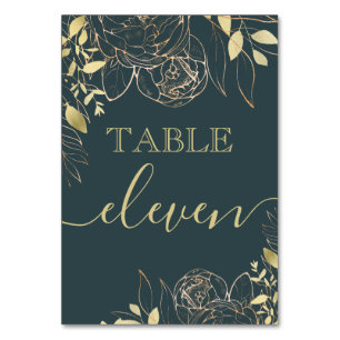 Dark Teal Blue & Gold Peony Modern Floral Wedding Table Number