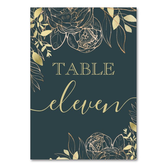 Dark Teal Blue & Gold Peony Modern Floral Wedding Table Number (Front)