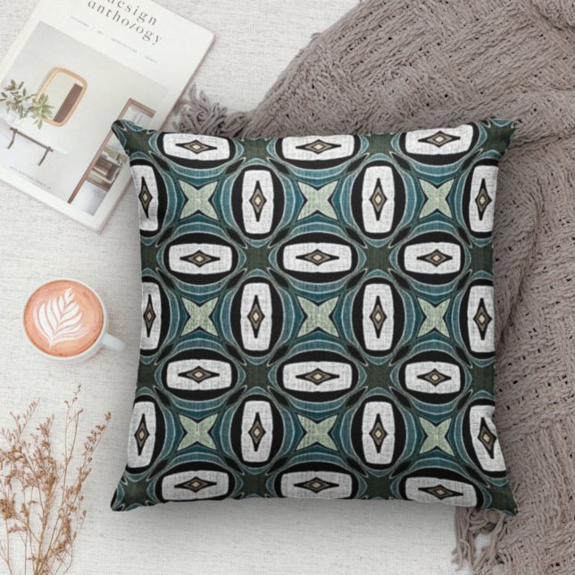Dark Teal Blue Gray Green White Bohemian Bali Art Cushion (Creator Uploaded)