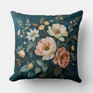 Dark Teal Blue Orange Vintage Cottagecore Floral Cushion