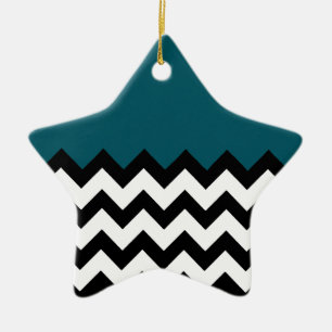 Dark Teal Blue Pattern On Large Zigzag Chevron Ceramic Ornament
