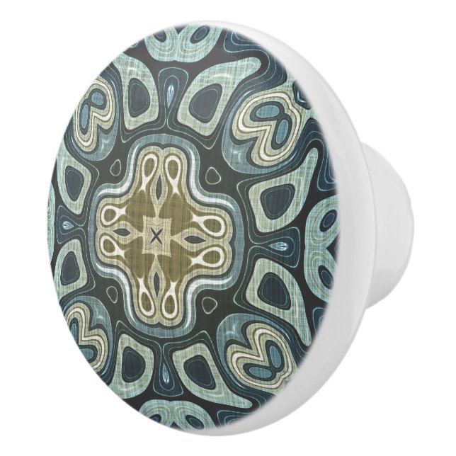 Dark Teal Blue Seafoam Green Ethnic Tribe Art Ceramic Knob (Right)