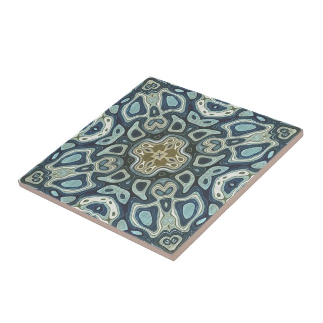 Dark Teal Blue Seafoam Green Ethnic Tribe Art Ceramic Tile (Side)