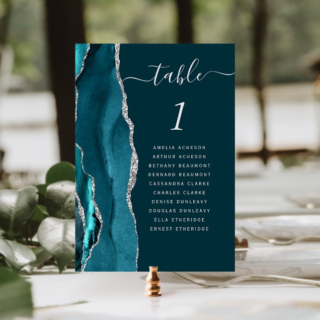 Dark Teal Blue Silver Agate Wedding Table Number (Creator Uploaded)