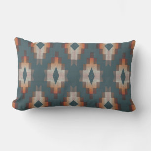 Dark Teal Blue Terracotta Rust Brown Tribal Art Lumbar Cushion